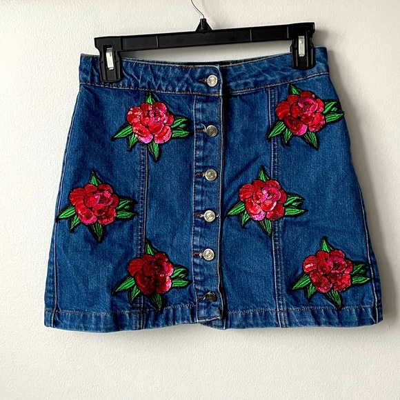 KUCCIA SEQUIN FLORAL PATCH DENIM SKIRT SIZE 8 - Picture 1 of 13